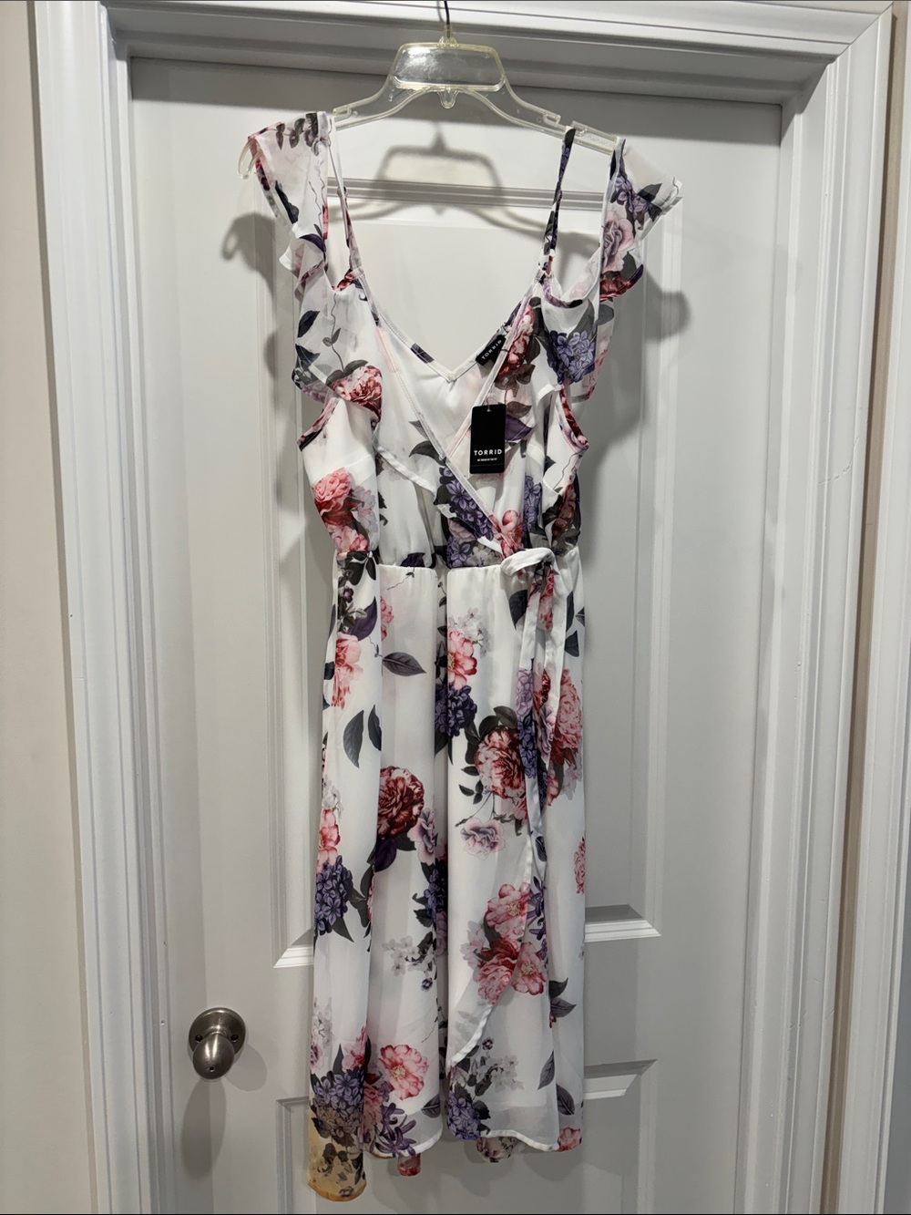 Floral Ruffle Wrap Mini Dress - White with Pink & Purple Blossoms